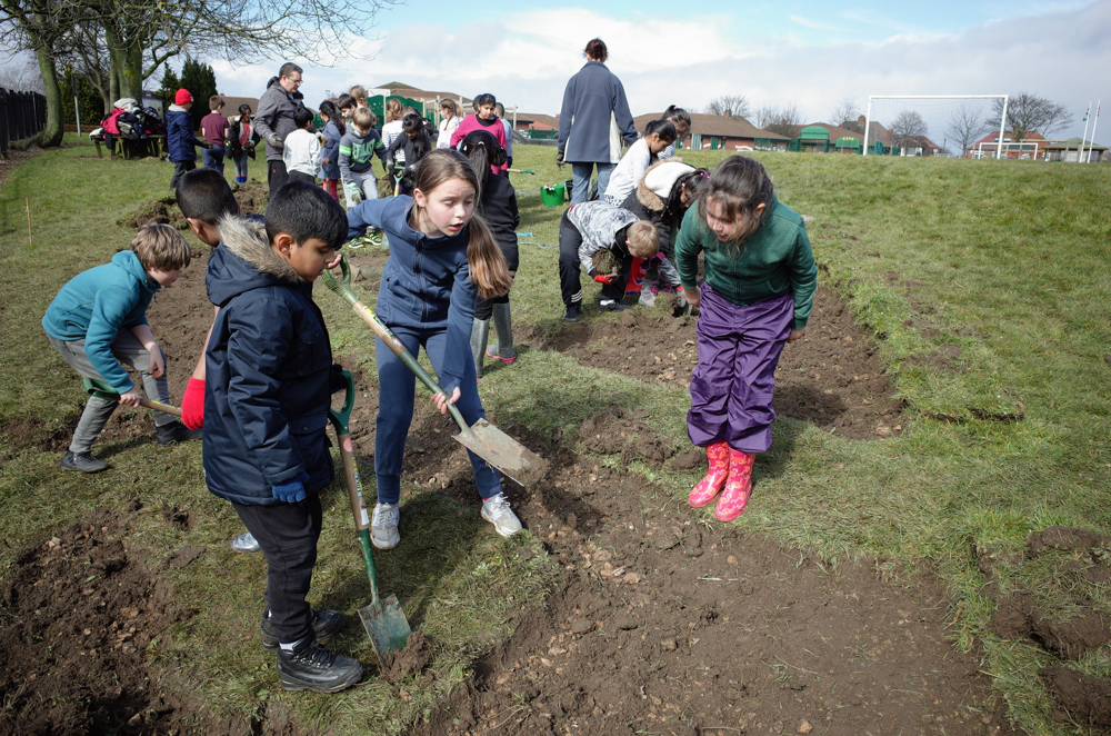 The children preparing the new Wildflower meadow